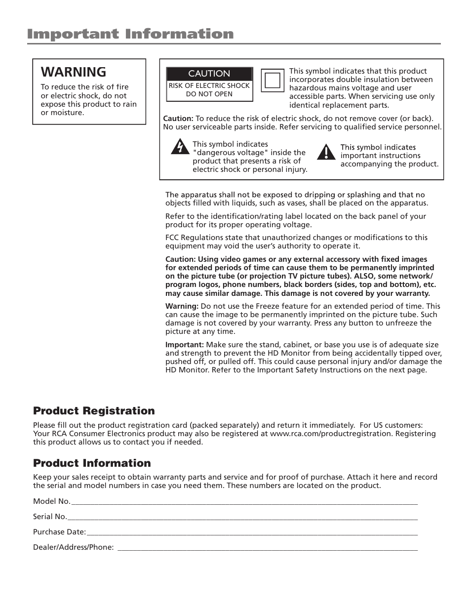 Warning w w, Important information, Product registration | Product information | RCA D52W23 User Manual | Page 2 / 48
