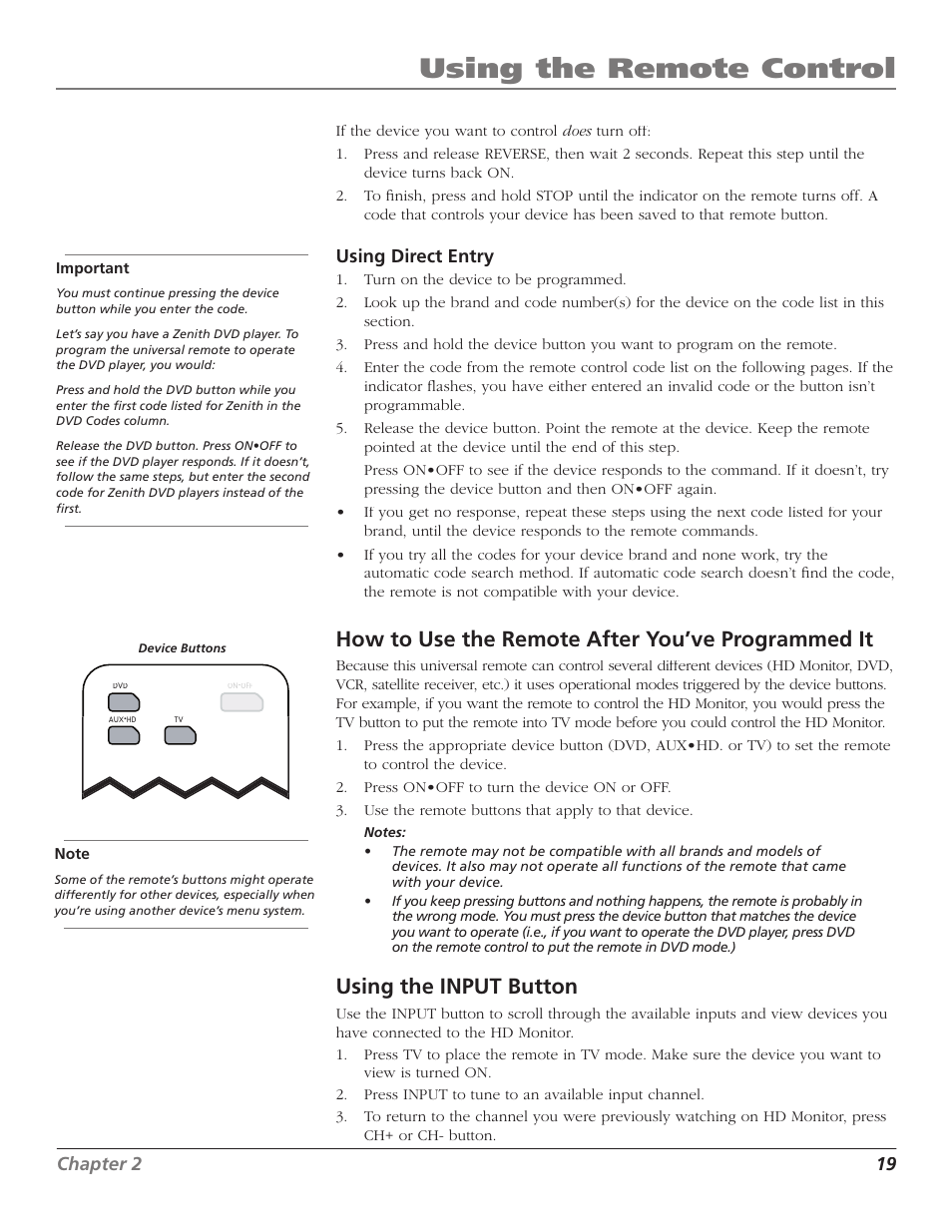 Using the remote control, How to use the remote after you’ve programmed it, Using the input button | RCA D52W23 User Manual | Page 21 / 48