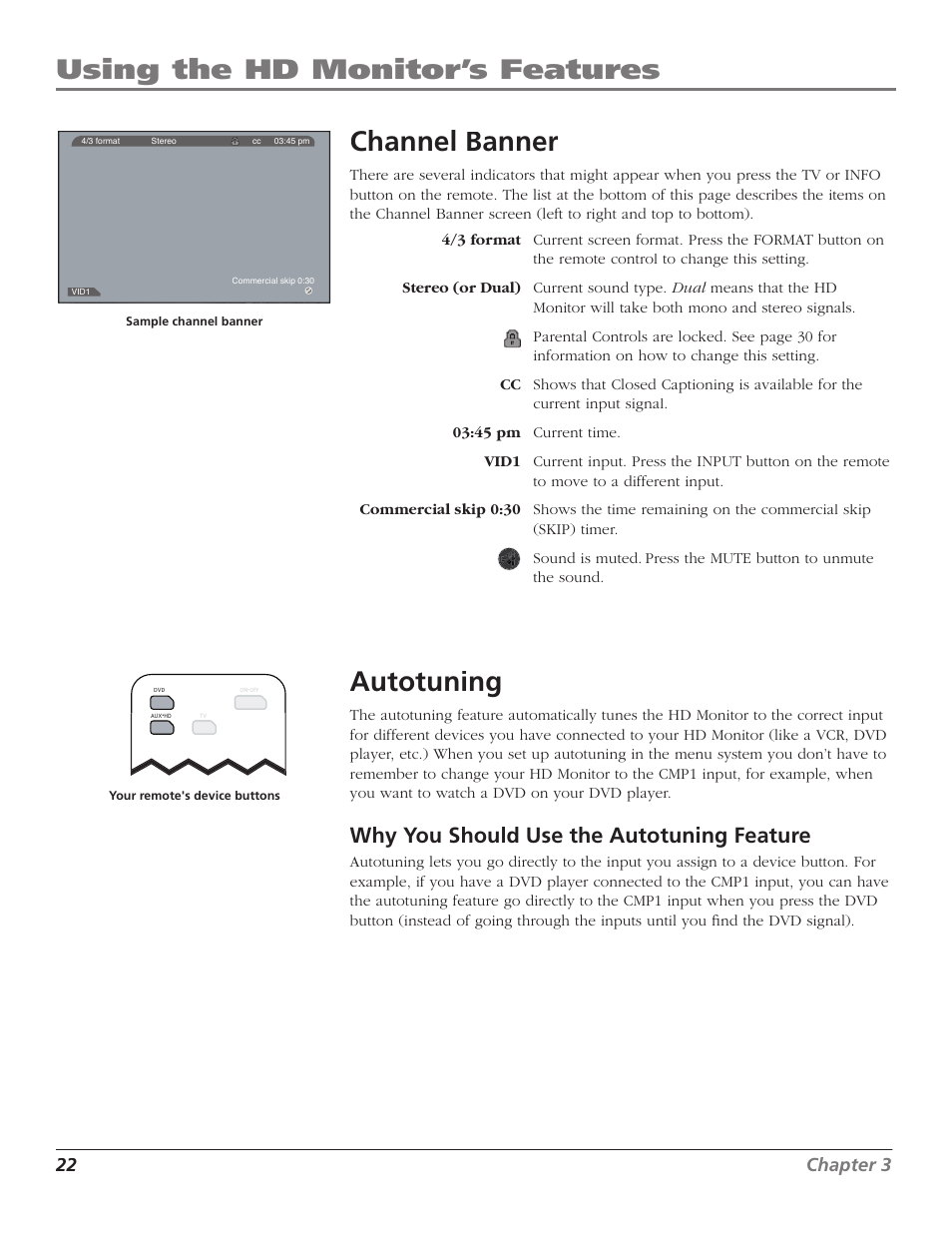 Using the hd monitor’s features, Channel banner, Autotuning | Why you should use the autotuning feature, 22 chapter 3 | RCA D52W23 User Manual | Page 24 / 48