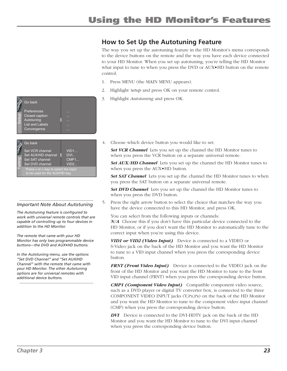 Using the hd monitor’s features, How to set up the autotuning feature, Chapter 3 23 | RCA D52W23 User Manual | Page 25 / 48