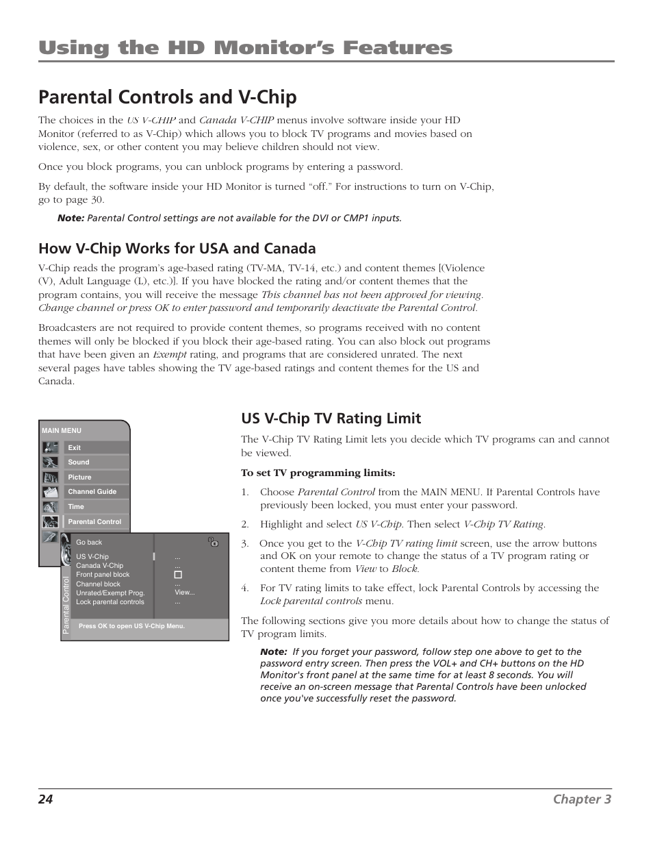 Using the hd monitor’s features, Parental controls and v-chip, How v-chip works for usa and canada | Us v-chip tv rating limit, 24 chapter 3 | RCA D52W23 User Manual | Page 26 / 48