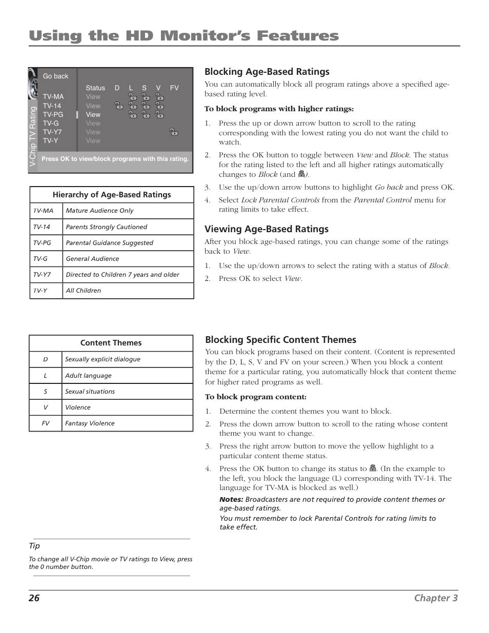 Using the hd monitor’s features, 26 chapter 3 blocking age-based ratings, Viewing age-based ratings | Blocking speciﬁ c content themes | RCA D52W23 User Manual | Page 28 / 48