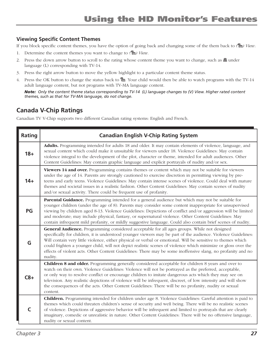 Using the hd monitor’s features, Canada v-chip ratings | RCA D52W23 User Manual | Page 29 / 48