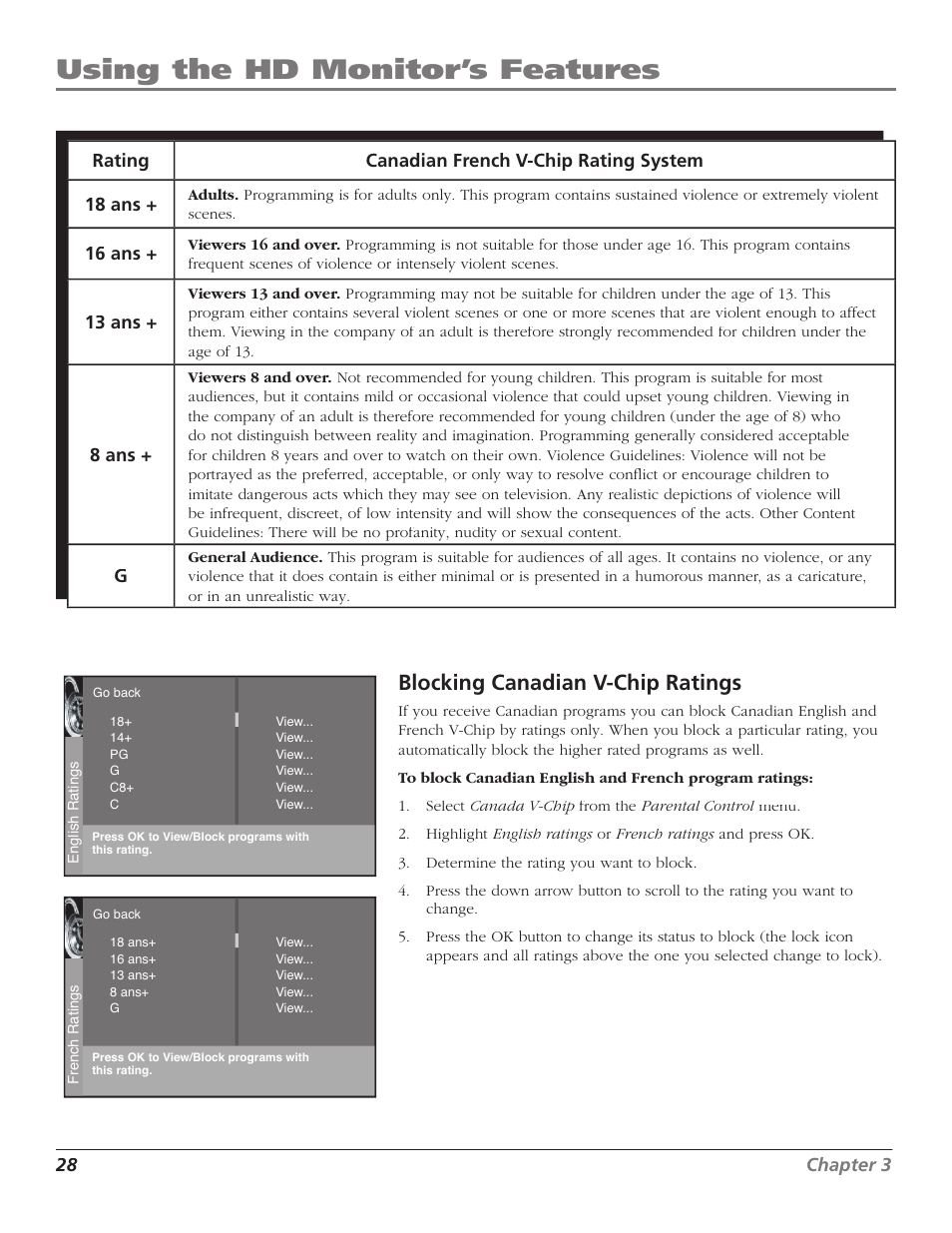 Using the hd monitor’s features, Blocking canadian v-chip ratings, 16 ans | 13 ans, 8 ans | RCA D52W23 User Manual | Page 30 / 48