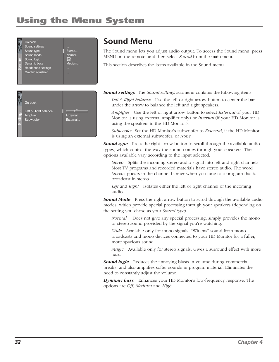 Using the menu system sound menu, 32 chapter 4 | RCA D52W23 User Manual | Page 34 / 48