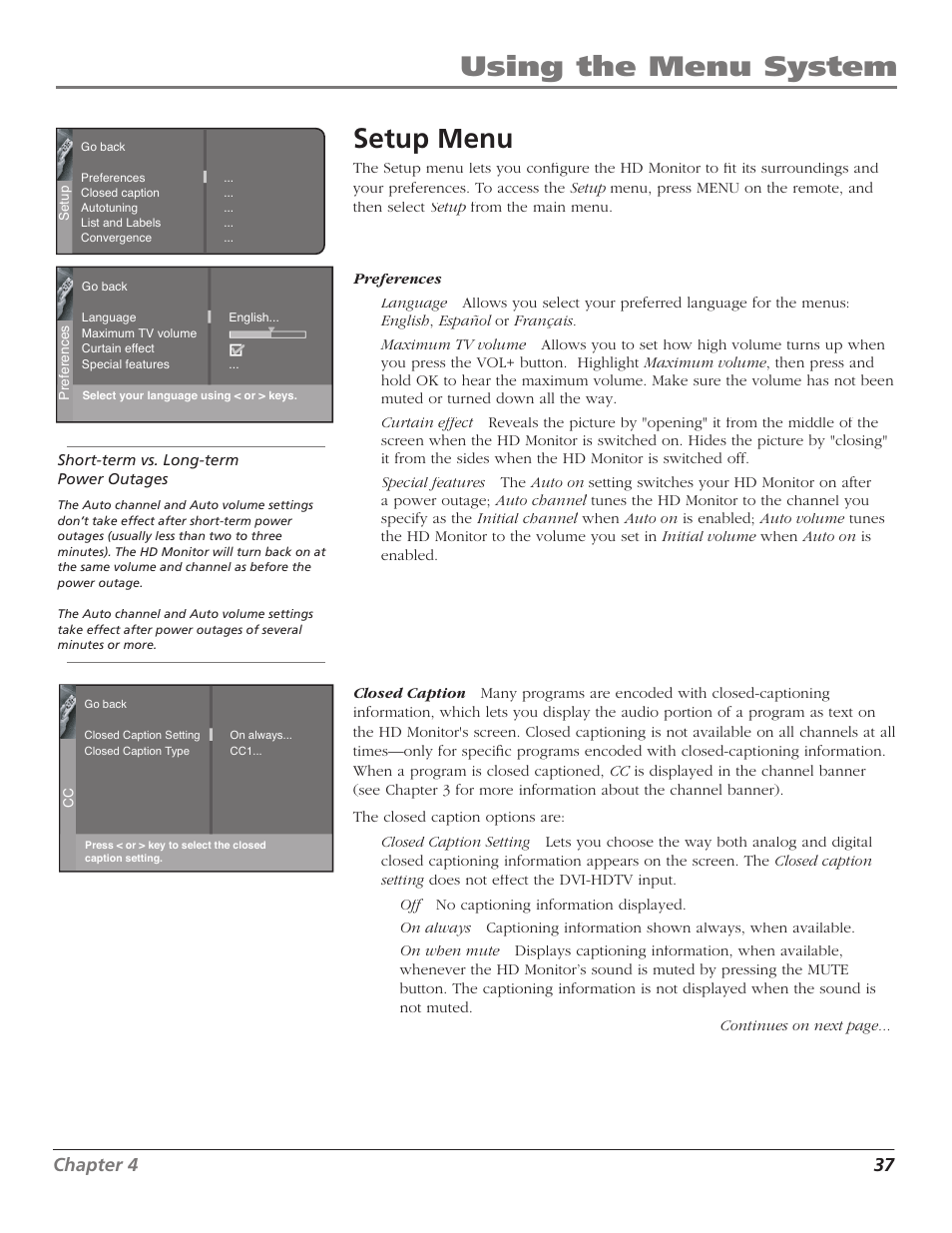 Using the menu system setup menu, Chapter 4 37 | RCA D52W23 User Manual | Page 39 / 48