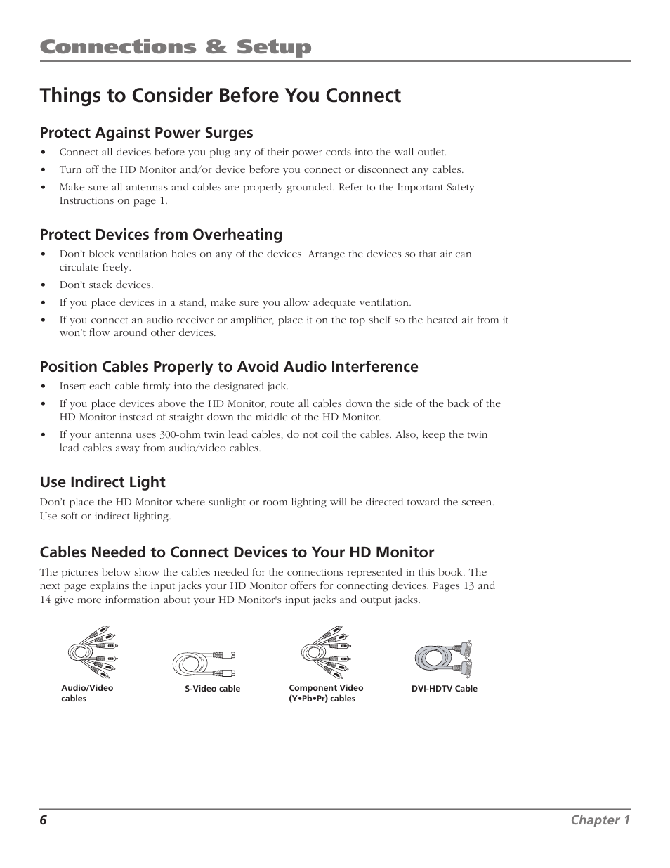 Connections & setup, Things to consider before you connect, Protect against power surges | Protect devices from overheating, Use indirect light | RCA D52W23 User Manual | Page 8 / 48