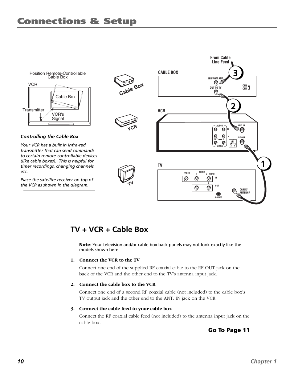 Tv + vcr + cable box, Connections & setup, 10 chapter 1 | Go to page 11, Cable box | RCA VCR VR708HF User Manual | Page 12 / 68