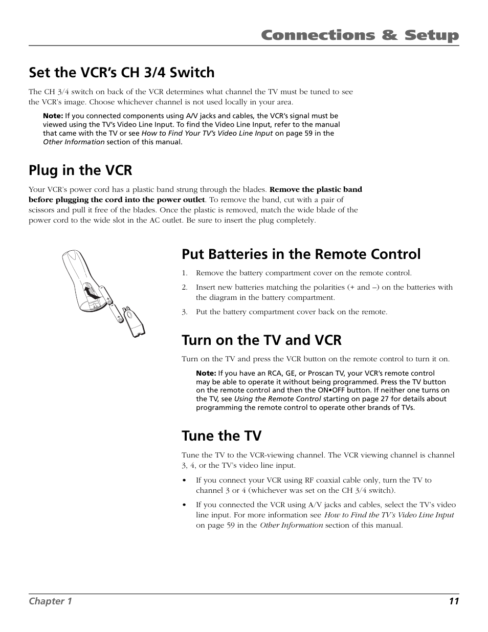Set the vcr’s ch 3/4 switch, Plug in the vcr, Put batteries in the remote control | Turn on the tv and vcr, Tune the tv, Batteries (remote control), Remote, batteries, Vcr viewing channel, Connections & setup set the vcr’s ch 3/4 switch | RCA VCR VR708HF User Manual | Page 13 / 68