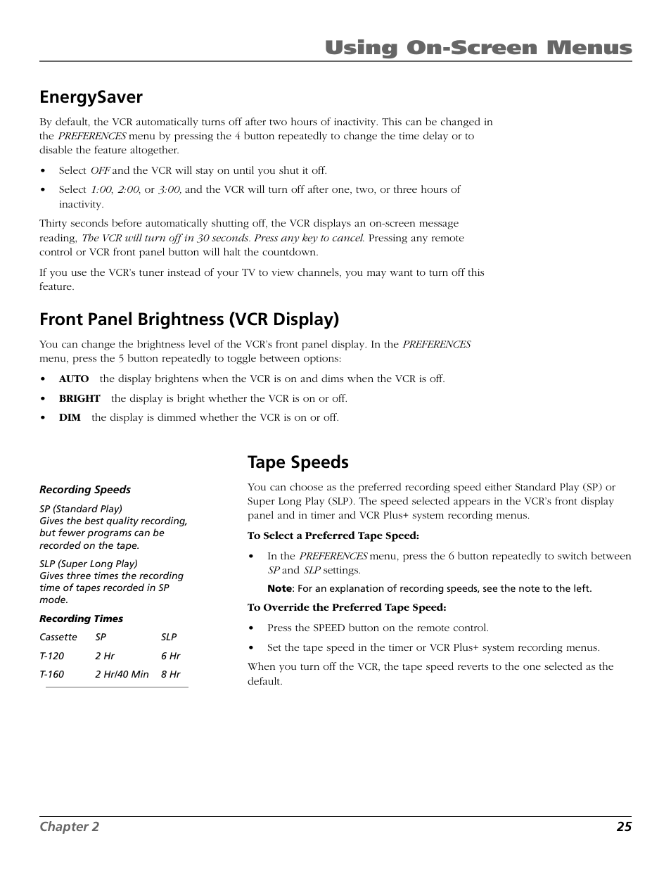 Energysaver, Front panel brightness (vcr display), Tape speed | Energysaver feature, Speeds, Front panel, Tape speed feature, Speeds, recording, Tape speeds, Using on-screen menus | RCA VCR VR708HF User Manual | Page 27 / 68