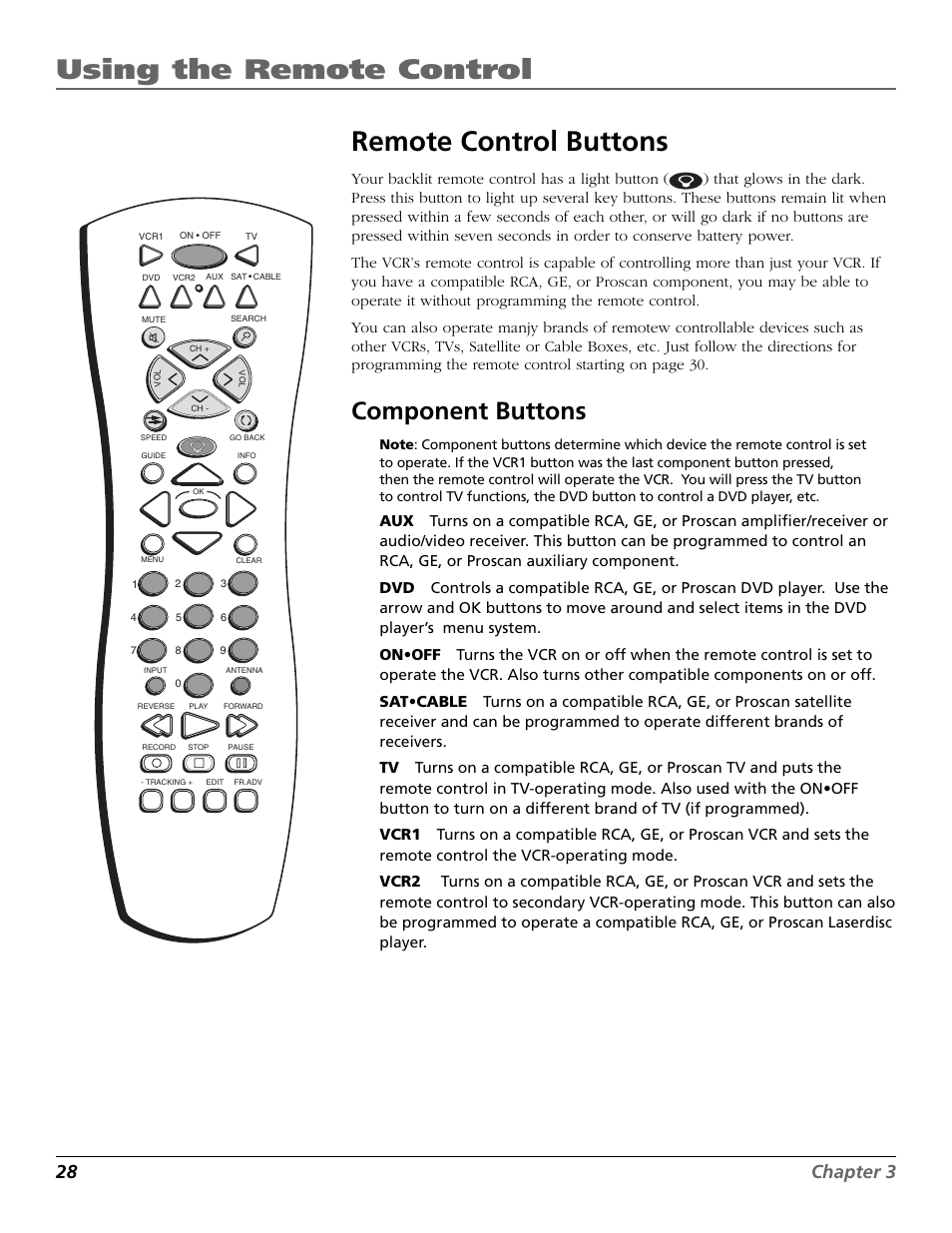 Remote buttons, Arrow buttons, Aux button | Back-lit remote, Component buttons, Dvd button, Light button, Ok button, On•off button, Buttons | RCA VCR VR708HF User Manual | Page 30 / 68