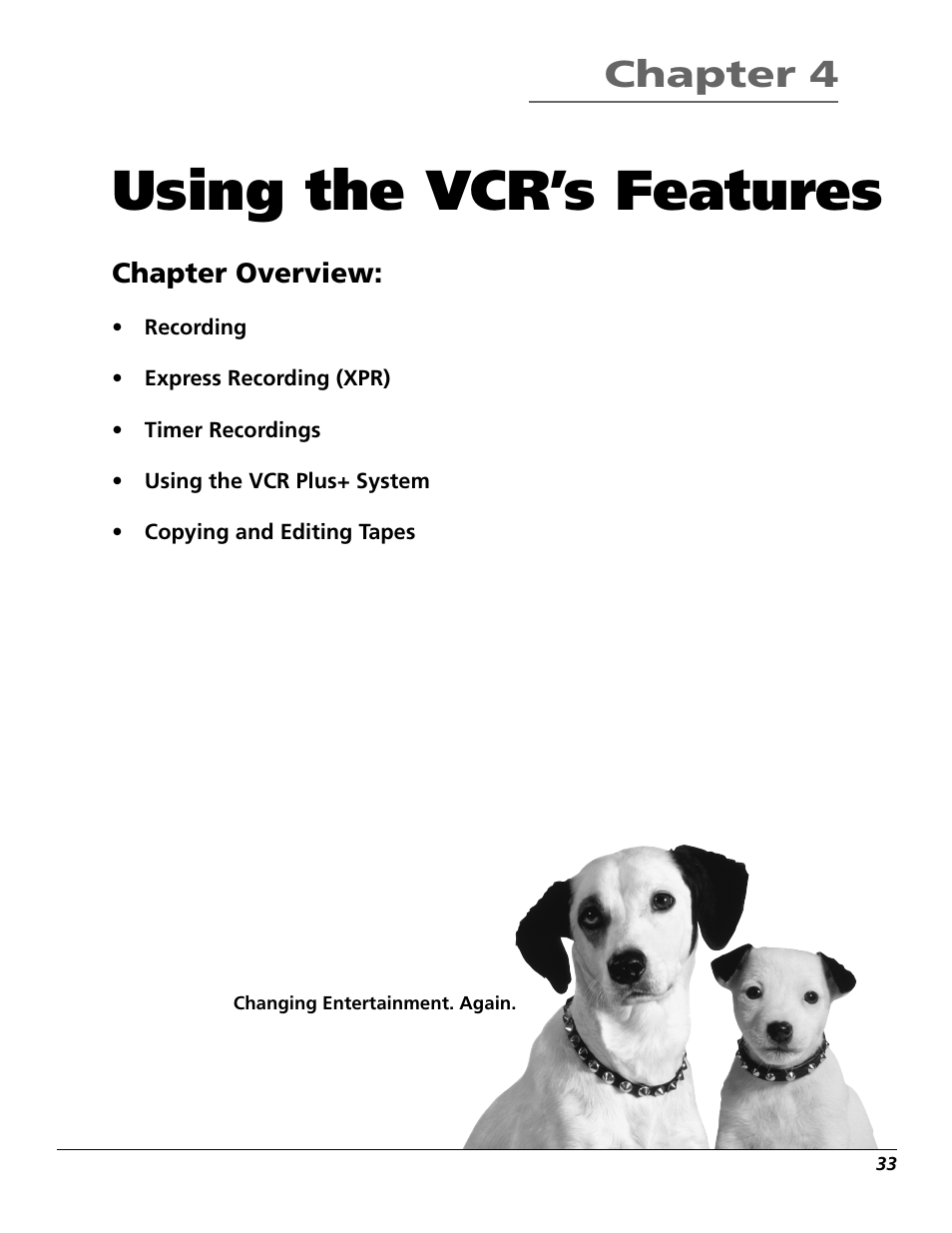 Using the vcr’s features, Chapter 4, Chapter overview | RCA VCR VR708HF User Manual | Page 35 / 68