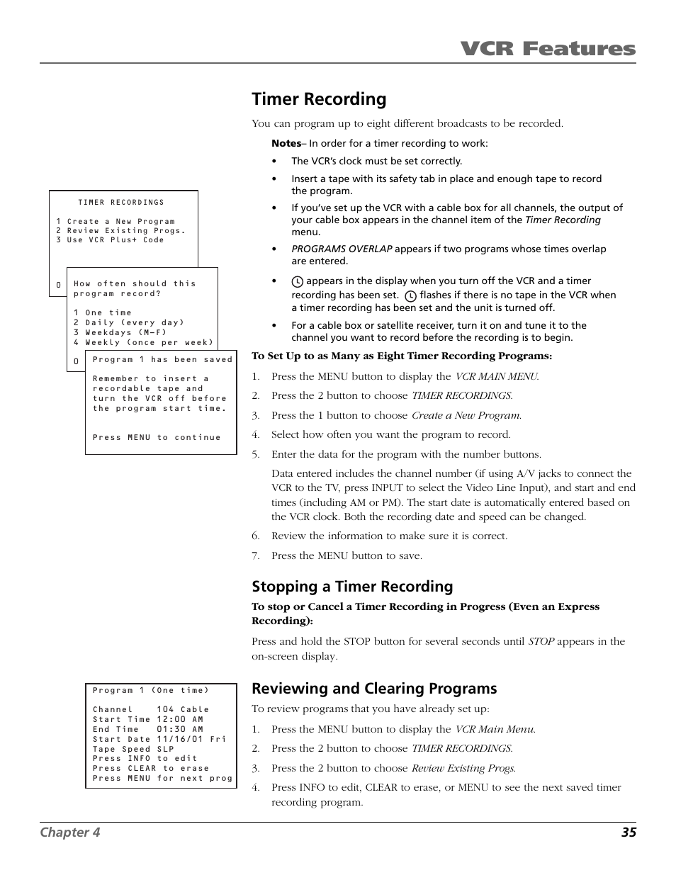 Timer recording, Stopping a timer recording, Reviewing and clearing programs | Timer, Reviewing timer programs, Clearing, Reviewing, Stopping, Vcr plus+ gold programming system, Vcr features | RCA VCR VR708HF User Manual | Page 37 / 68