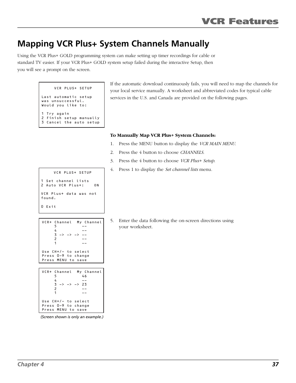 Mapping vcr plus+ programming system channels manu, Vcr plus+ channels, Channels | Vcr features, Mapping vcr plus+ system channels manually, Chapter 4 37 | RCA VCR VR708HF User Manual | Page 39 / 68