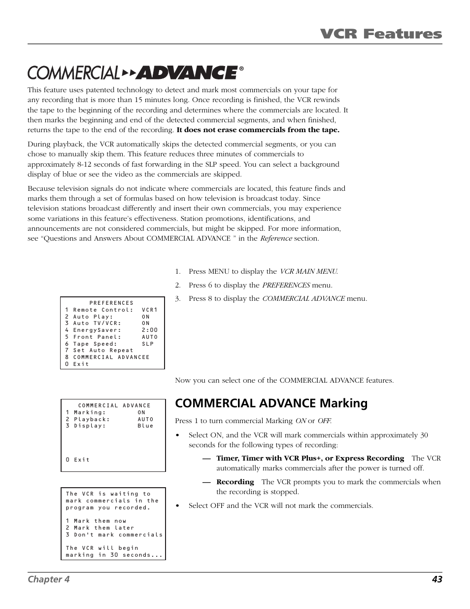 Commercial advance, Vcr features, Commercial advance marking | Chapter 4 43 | RCA VCR VR708HF User Manual | Page 45 / 68