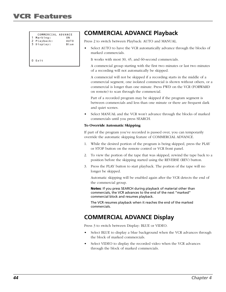 Movie advance, Vcr features, Commercial advance playback | Commercial advance display | RCA VCR VR708HF User Manual | Page 46 / 68