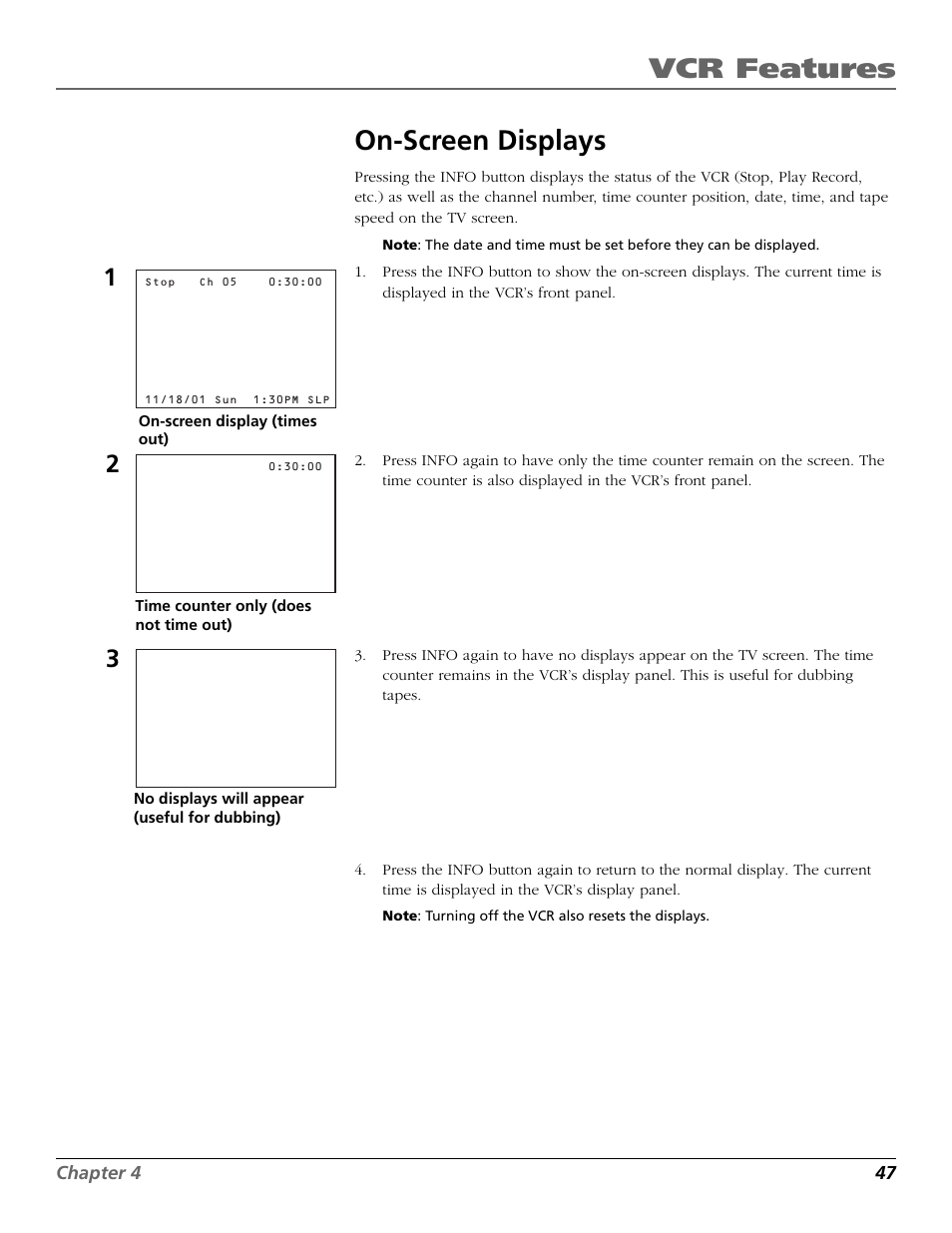 On-screen displays, Displays, on screen, Time counter display | Time display on tv, Audio set-up features, Reception, Vcr features | RCA VCR VR708HF User Manual | Page 49 / 68