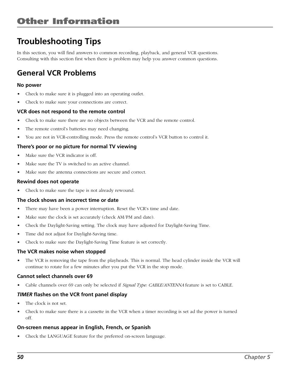 Troubleshooting tips, General vcr problems, Troubleshooting | Other information | RCA VCR VR708HF User Manual | Page 52 / 68