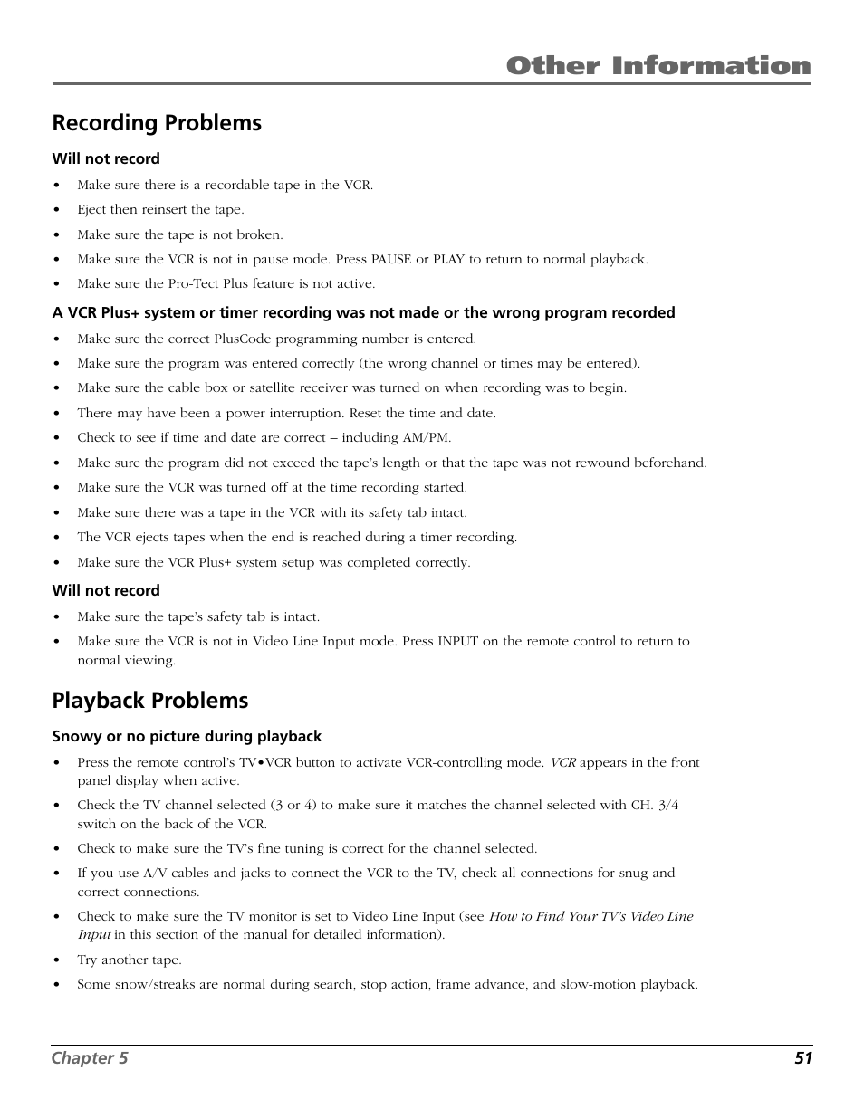 Recording problems, Playback problems, Recording problems playback problems | Other information | RCA VCR VR708HF User Manual | Page 53 / 68