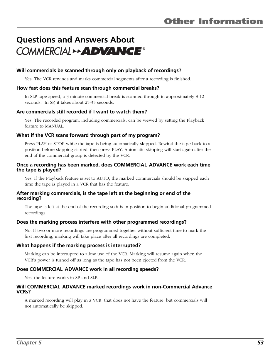 Questions and answers about commercial advance, Questions and answers, Other information questions and answers about | RCA VCR VR708HF User Manual | Page 55 / 68