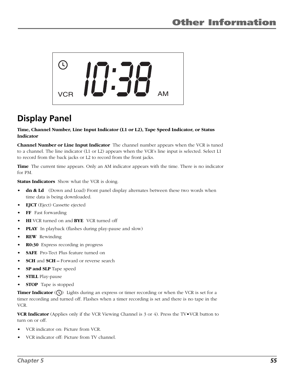 Display panel, Clock display, Indicators in display panel | Rec display, Other information display panel, Am vcr | RCA VCR VR708HF User Manual | Page 57 / 68