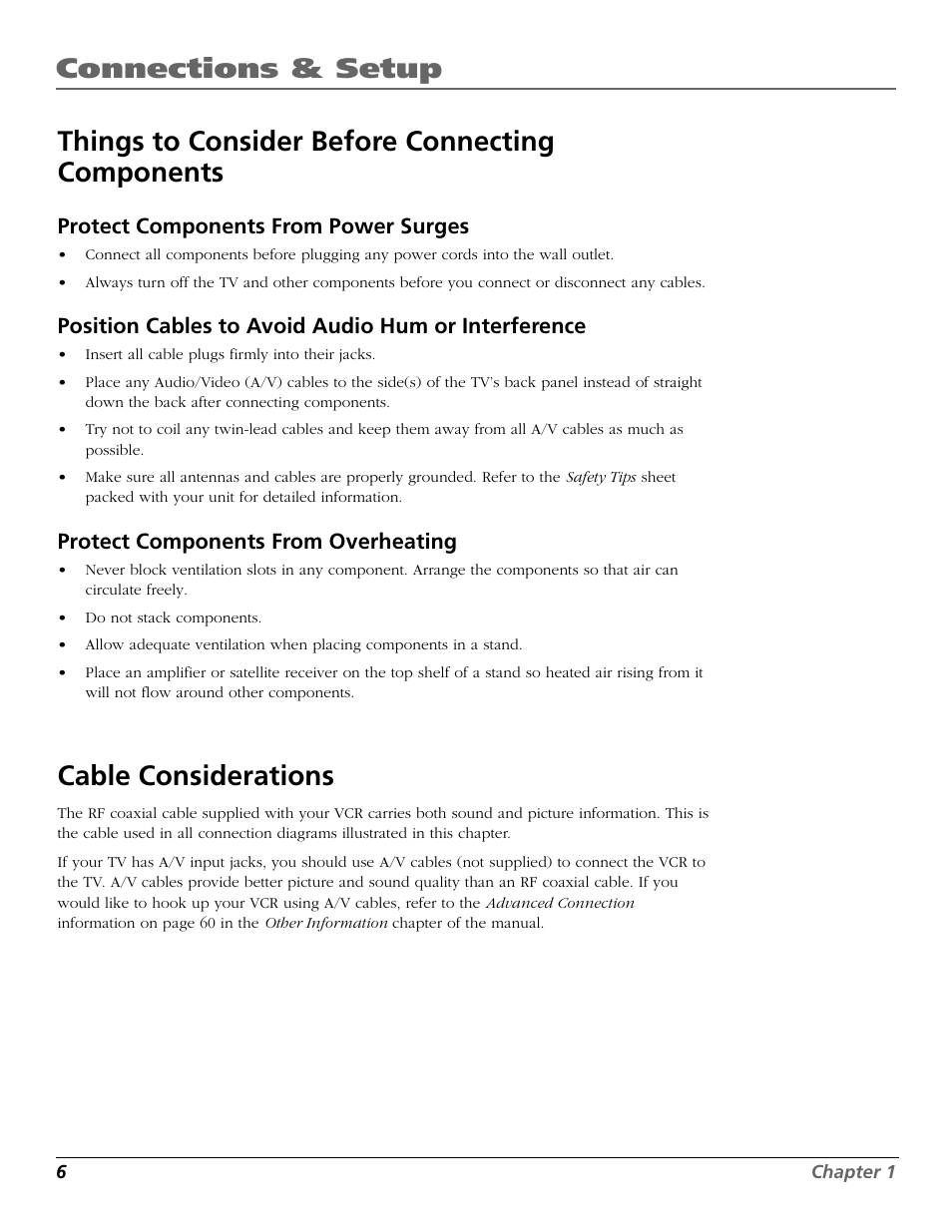 Things to consider before connecting components, Cable considerations, Positioning | Overheating, Power surges, Protect components from power surges, Position cables to avoid audio hum or interference, Protect components from overheating | RCA VCR VR708HF User Manual | Page 8 / 68