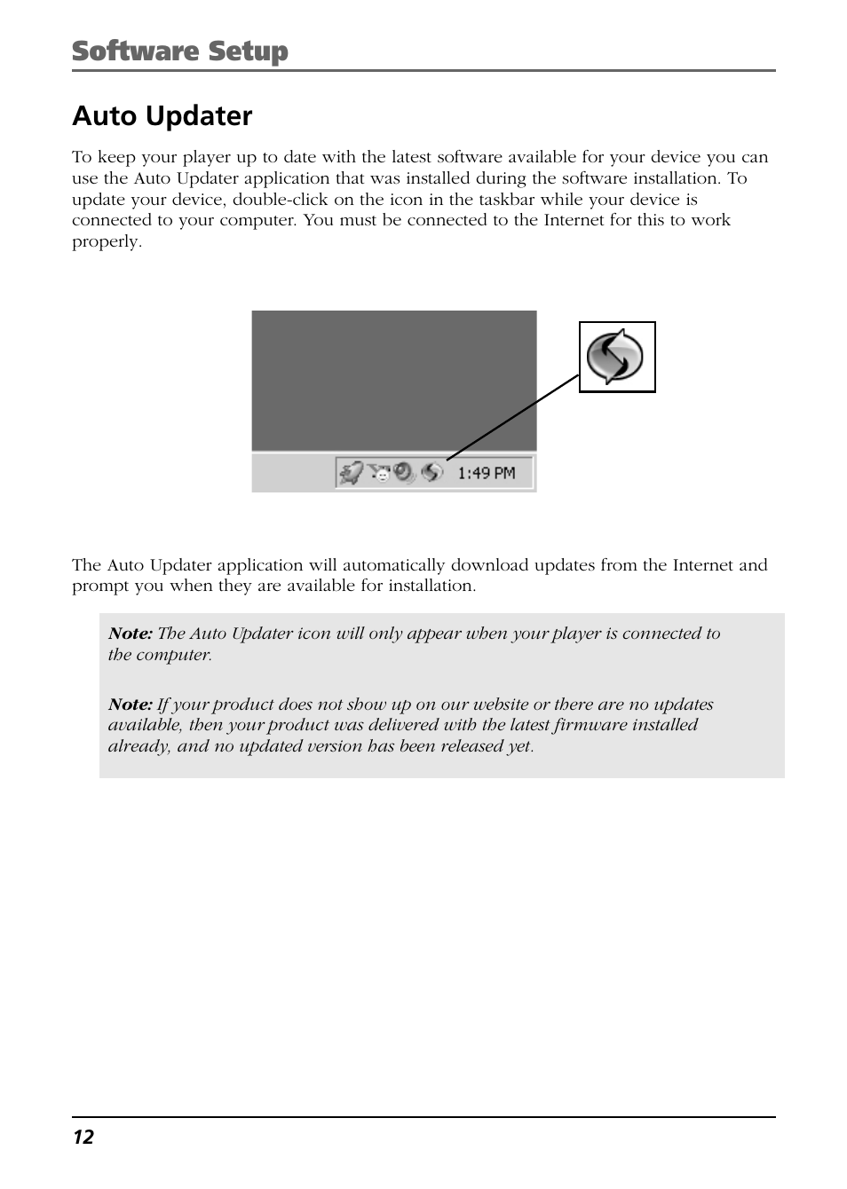 Auto updater, Software setup auto updater | RCA H104 User Manual | Page 12 / 40