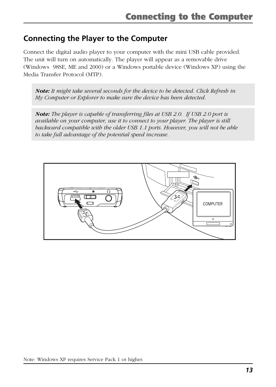 Connecting the player to the computer, Connecting to the computer | RCA H104 User Manual | Page 13 / 40