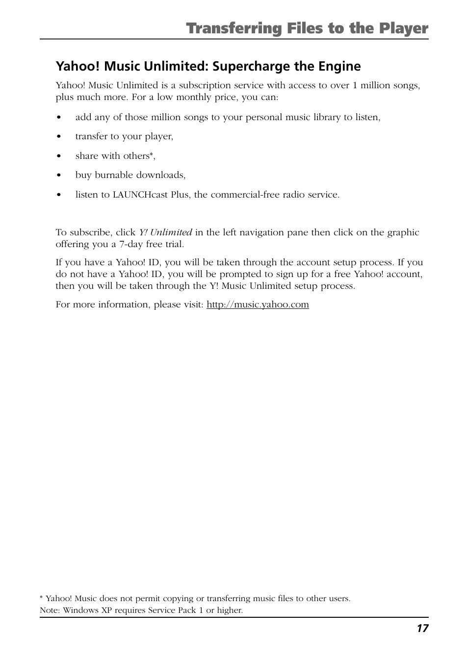 Yahoo! music unlimited: supercharge the engine, Transferring files to the player | RCA H104 User Manual | Page 17 / 40