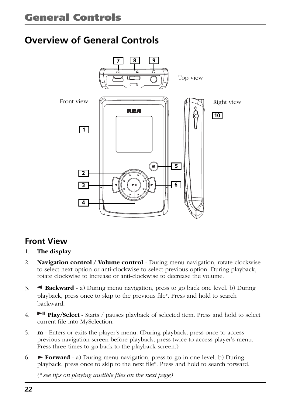 Overview of general controls, Front view, General controls overview of general controls | RCA H104 User Manual | Page 22 / 40