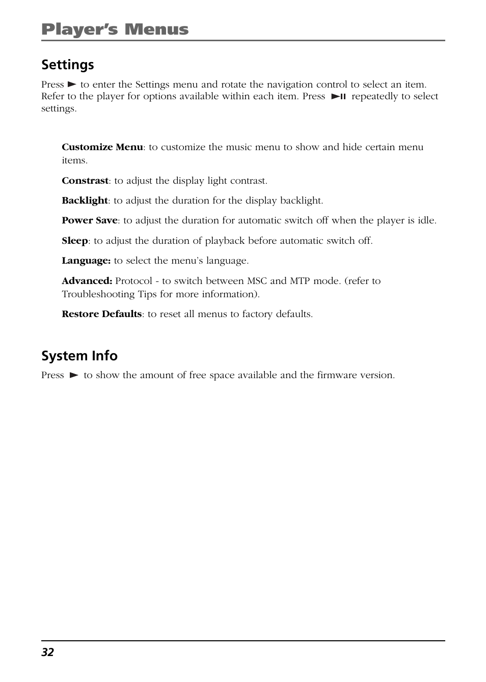 Settings, System info, Player’s menus | RCA H104 User Manual | Page 32 / 40