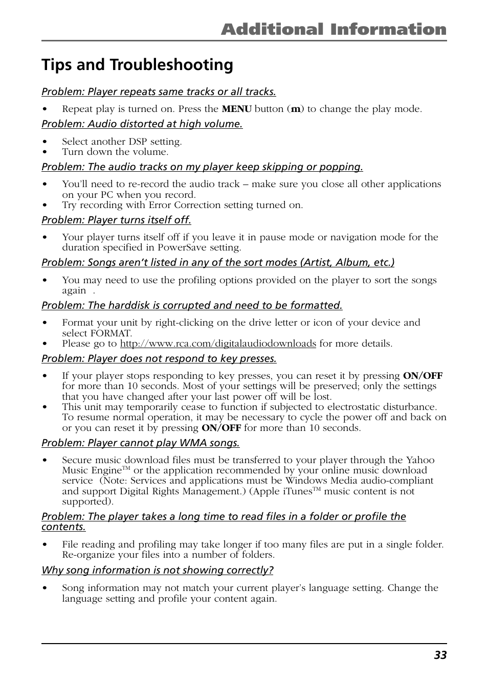 Tips and troubleshooting, Additional information tips and troubleshooting | RCA H104 User Manual | Page 33 / 40