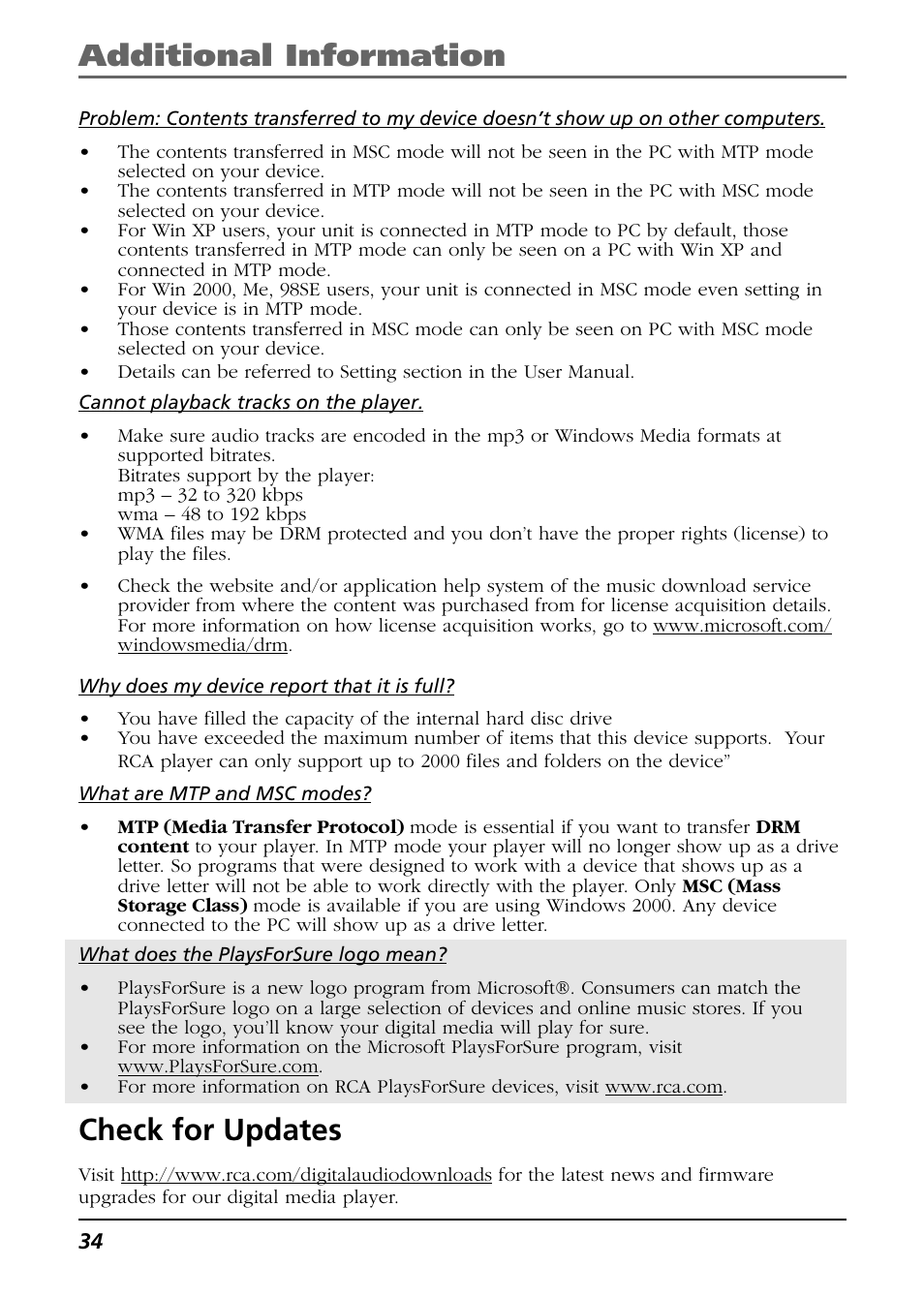 Check for updates, Additional information | RCA H104 User Manual | Page 34 / 40