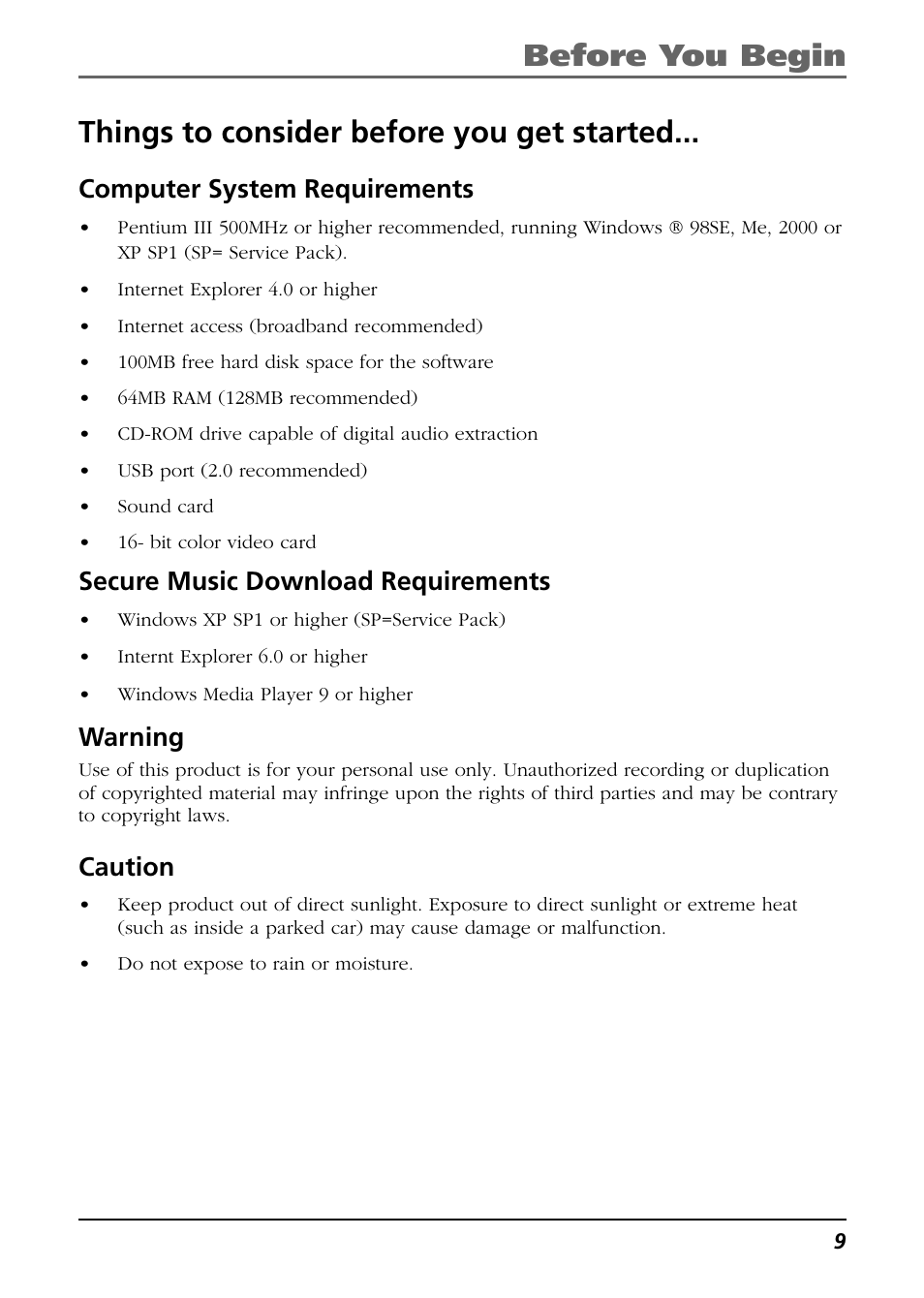 Things to consider before you get started, Computer system requirements, Secure music download requirements | Warning, Caution, Before you begin | RCA H104 User Manual | Page 9 / 40