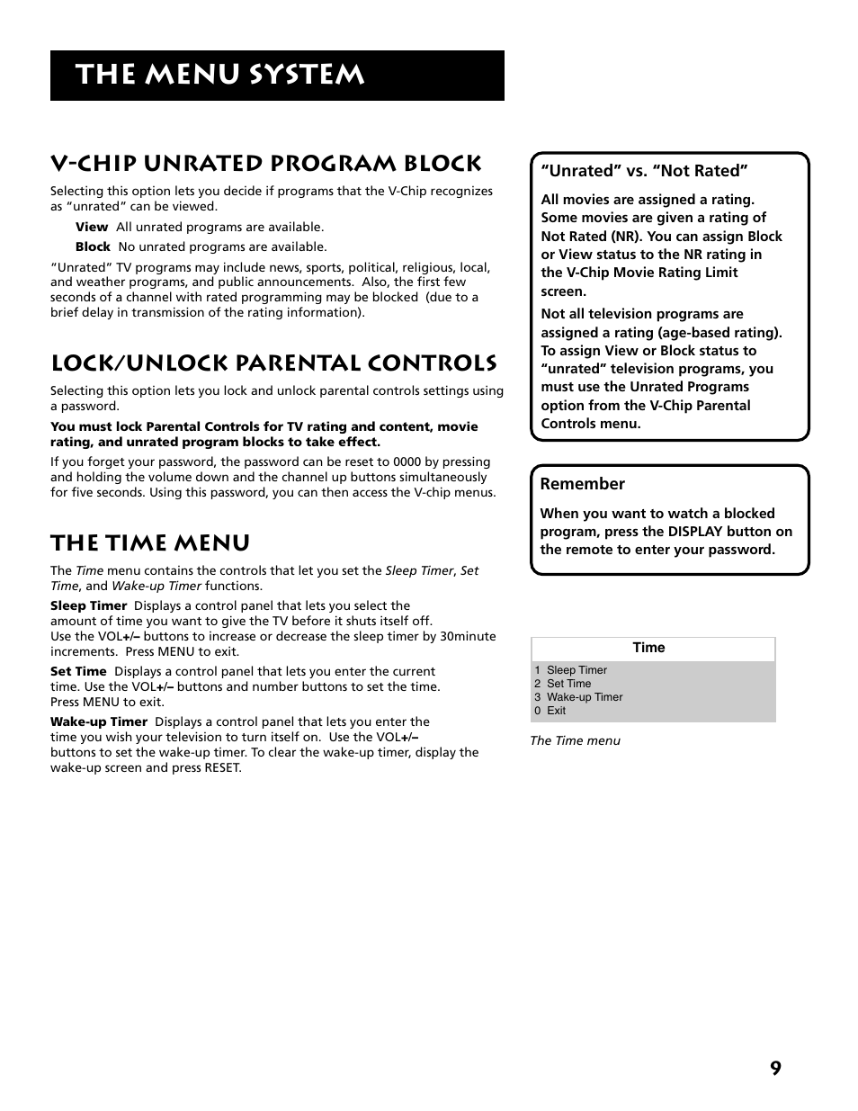 The menu system, V-chip unrated program block, Lock/unlock parental controls | The time menu | RCA E13309 User Manual | Page 11 / 16