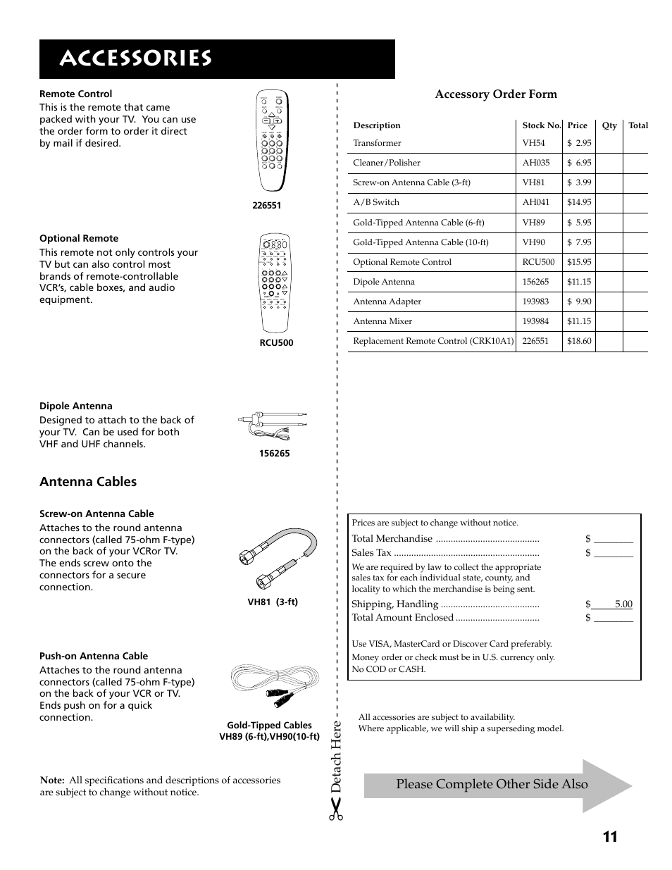 Accessories, Antenna cables, Detach her e | Please complete other side also, Accessory order form | RCA E13309 User Manual | Page 13 / 16