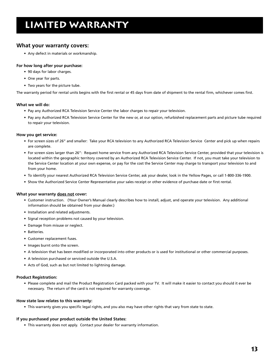 Limited warranty, What your warranty covers | RCA E13309 User Manual | Page 15 / 16