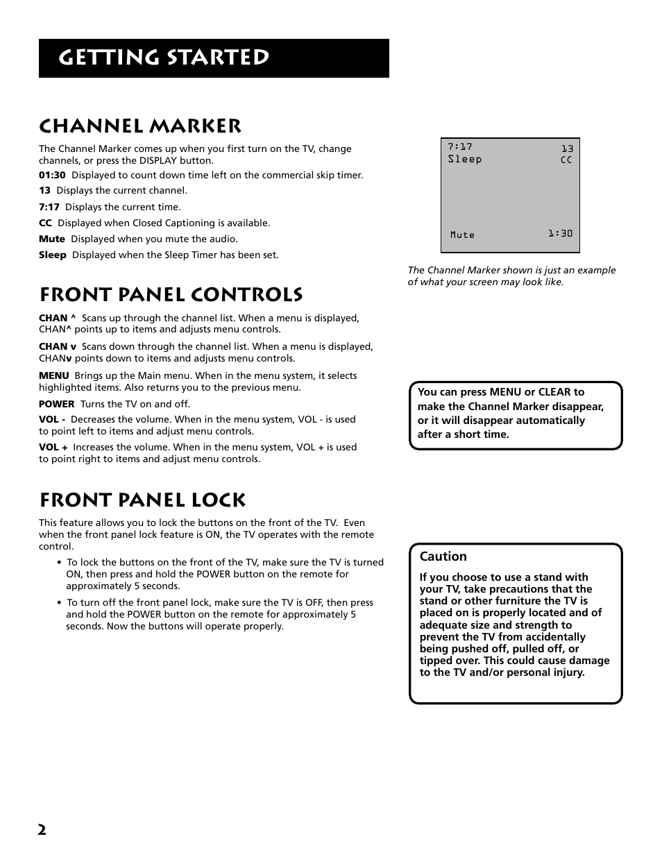 Getting started, Channel marker, Front panel controls | Front panel lock | RCA E13309 User Manual | Page 4 / 16