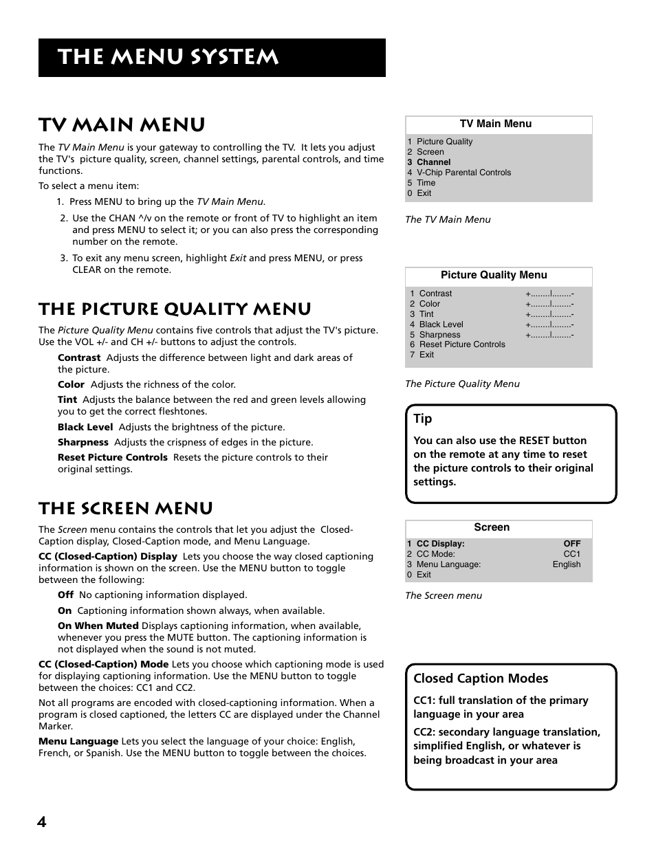 The menu system, Tv main menu, The picture quality menu | The screen menu | RCA E13309 User Manual | Page 6 / 16