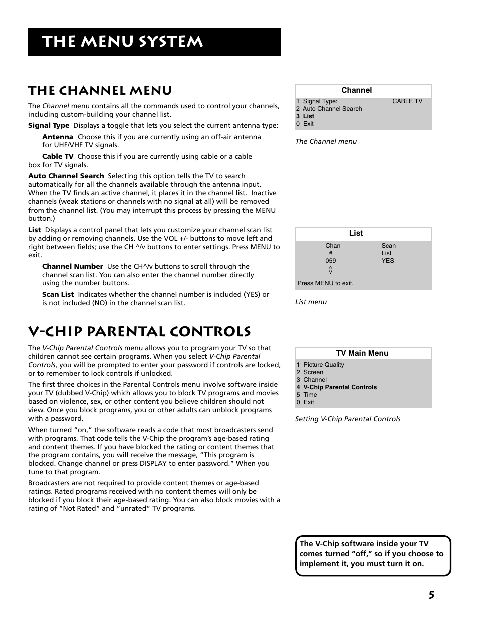 The menu system, V-chip parental controls, The channel menu | RCA E13309 User Manual | Page 7 / 16