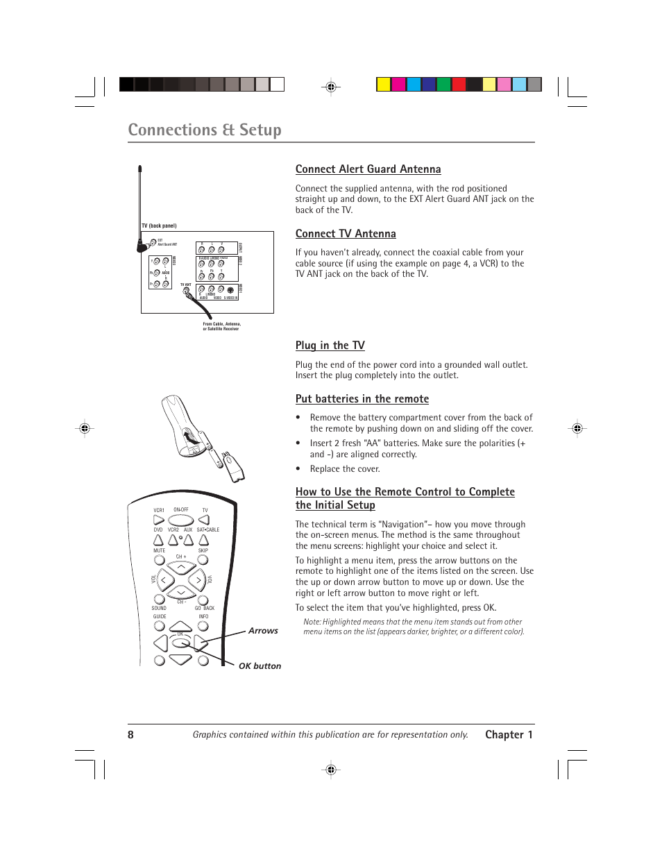 Connections & setup, 8chapter 1, Connect alert guard antenna | Connect tv antenna, Plug in the tv, Put batteries in the remote | RCA Alert Guard 24F671T User Manual | Page 12 / 64