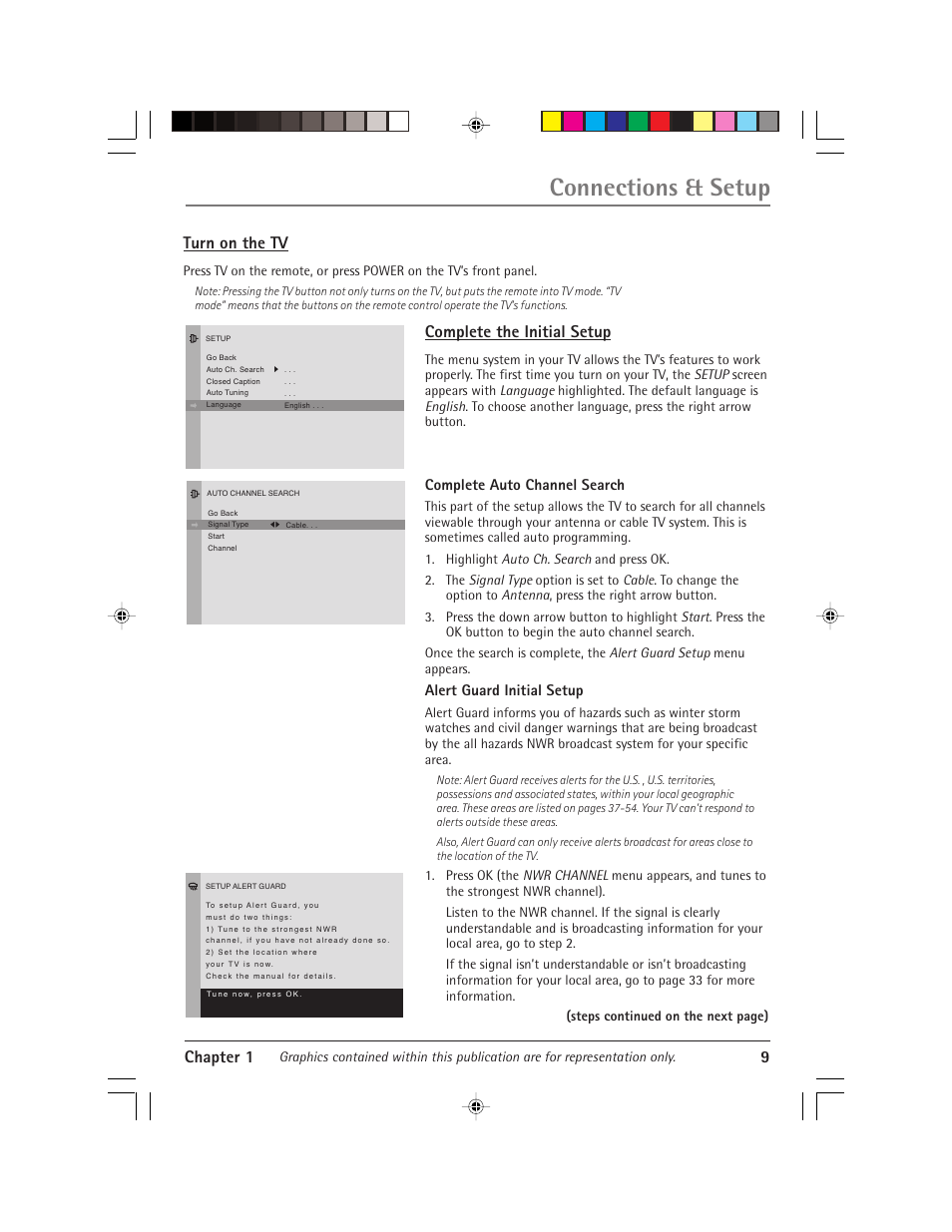 Connections & setup, Chapter 1 9, Turn on the tv | Complete the initial setup, Complete auto channel search, Alert guard initial setup | RCA Alert Guard 24F671T User Manual | Page 13 / 64