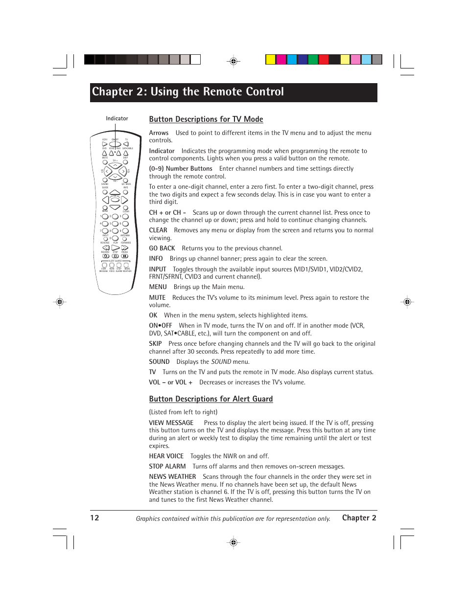 Chapter 2: using the remote control, 12 chapter 2, Button descriptions for tv mode | Button descriptions for alert guard | RCA Alert Guard 24F671T User Manual | Page 16 / 64