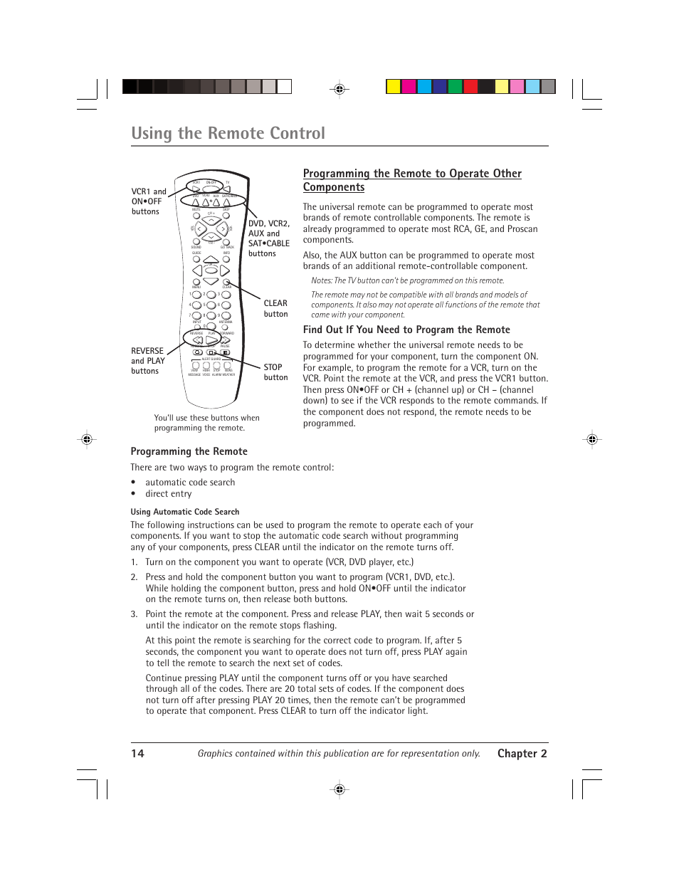 Using the remote control, 14 chapter 2, Programming the remote to operate other components | Find out if you need to program the remote, Programming the remote, Using automatic code search, Clear button | RCA Alert Guard 24F671T User Manual | Page 18 / 64