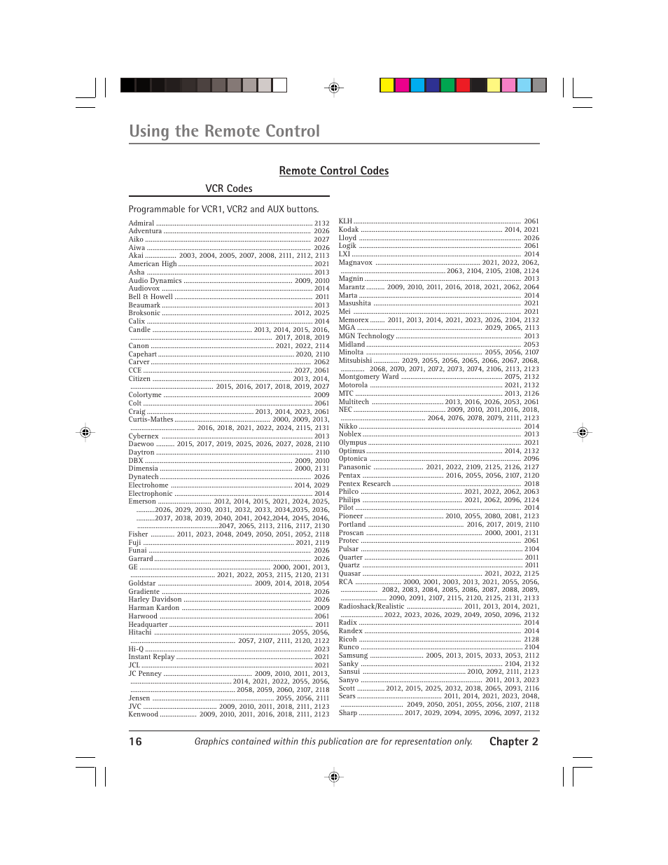 Using the remote control, 16 chapter 2, Remote control codes | Vcr codes | RCA Alert Guard 24F671T User Manual | Page 20 / 64