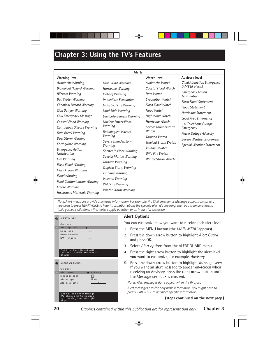 Chapter 3: using the tv’s features, 20 chapter 3, Alert options | RCA Alert Guard 24F671T User Manual | Page 24 / 64