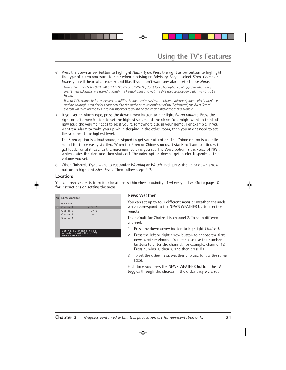 Using the tv’s features, Chapter 3 21 | RCA Alert Guard 24F671T User Manual | Page 25 / 64