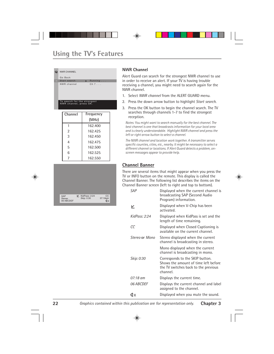 Using the tv’s features, 22 chapter 3, Channel banner | RCA Alert Guard 24F671T User Manual | Page 26 / 64