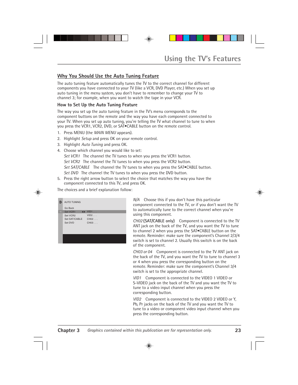 Using the tv’s features, Chapter 3 23, Why you should use the auto tuning feature | RCA Alert Guard 24F671T User Manual | Page 27 / 64