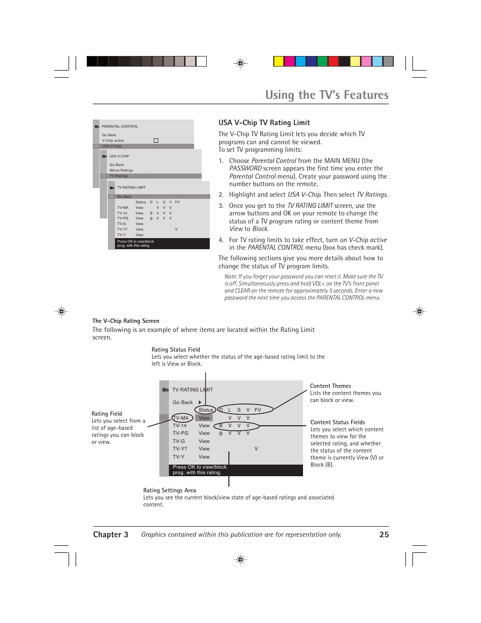 Using the tv’s features, Chapter 3 25, Usa v-chip tv rating limit | RCA Alert Guard 24F671T User Manual | Page 29 / 64